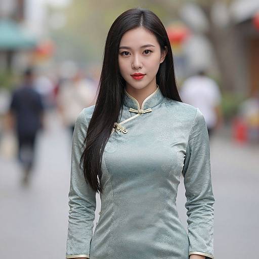 Photograph of an Asian woman with long black hair, wearing a light green silk cheongsam, standing in a blurred urban street.