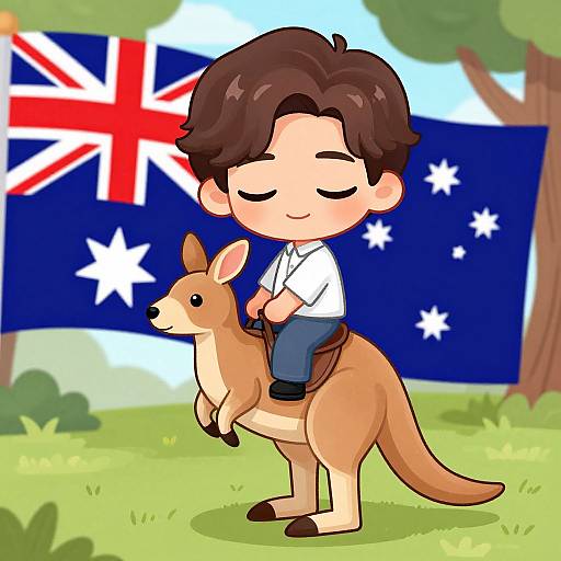 Cartoon of a smiling boy with brown hair riding a kangaroo, Australian flag in background, green grass, and trees.