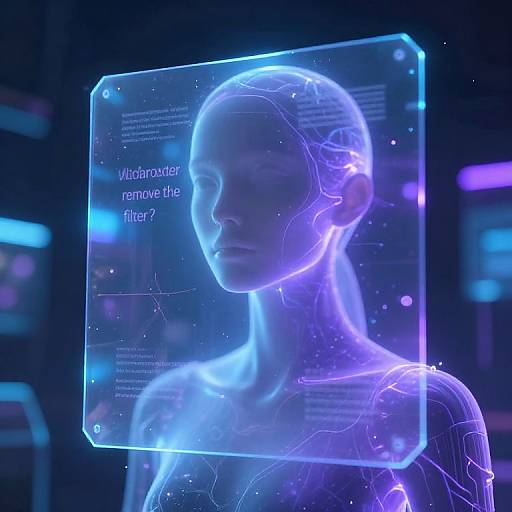 Digital CGI of a glowing blue holographic outline of a human head and shoulders, with text 