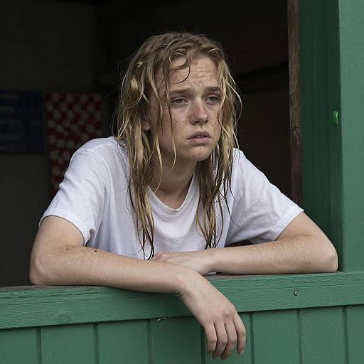 Tired Beauty Leaning on Green Railing