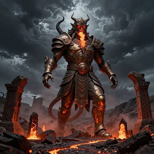 Digital art of a towering, armored demon with glowing red eyes and fiery chest plate, standing amidst a ruined, fiery landscape with dark, stormy skies