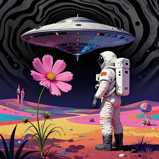 Astronaut on Titan with Cosmic Flower