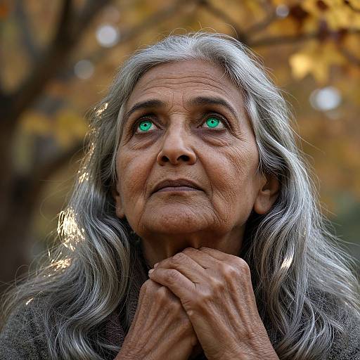 Photograph of an elderly woman with long, wavy gray hair, green eyes, and wrinkled skin, looking upwards with clasped hands, set