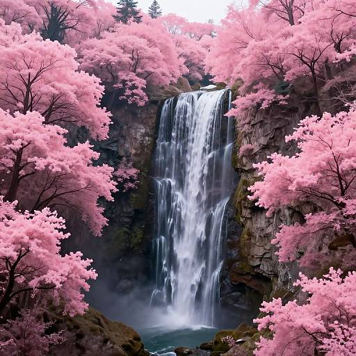 Surreal Forest with Cascading Waterfalls