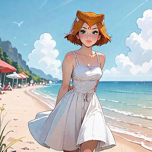 Anime-style drawing of a red-haired woman in a white sundress on a sunny beach, with blue sky, ocean, and distant mountains.