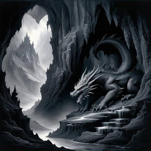 Dark Dragon in Mountain Cave Ink Illustration