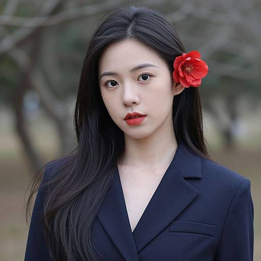Photograph of an Asian woman with long black hair, red flower in hair, red lipstick, wearing a black blazer, standing outdoors.
