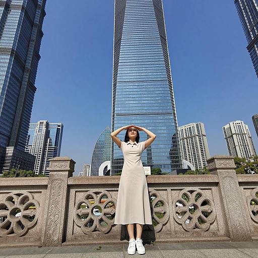 Urban Chic: Woman in Beige Dress