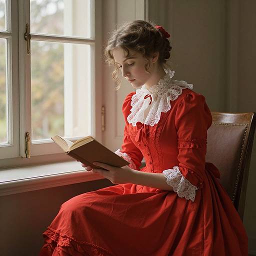 Photograph of a young woman with curly brown hair, wearing a Victorian-style red dress with white lace, reading a book by a sunlit window.