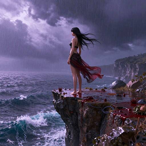 Mystical Woman Standing on Cliff Edge in Rain