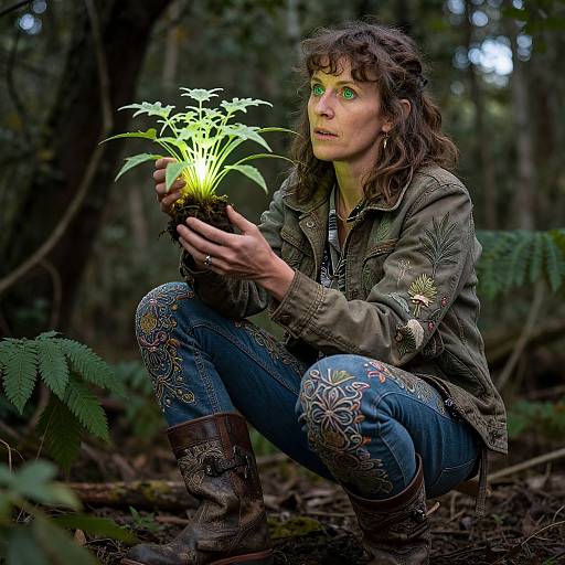 Photograph of a green-eyed woman with curly brown hair, squatting in a forest, holding a glowing plant in her hands, wearing a green jacket