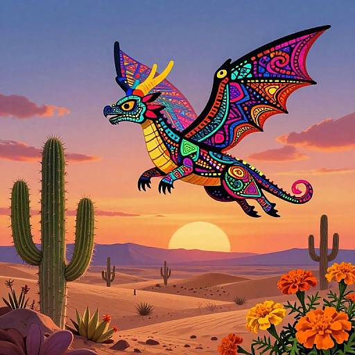 Vibrant, stylized dragon with colorful, intricate patterns soars over a desert sunset with cacti, mountains, and blooming flowers.