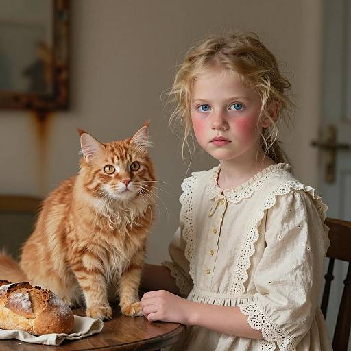 Serious Girl with Cat and Rustic Setting