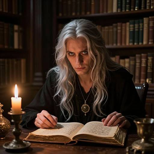 Photorealistic image of a white-haired, brooding man in black, reading an old book by candlelight in a dimly lit library.
