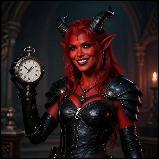 Female Tiefling Character Holding Clock