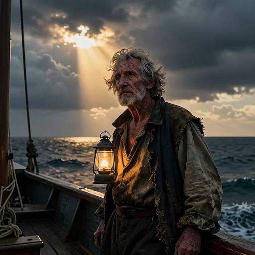 Photograph of a rugged, bearded old man with disheveled hair, wearing tattered clothes, holding a lantern, on a ship at sunset