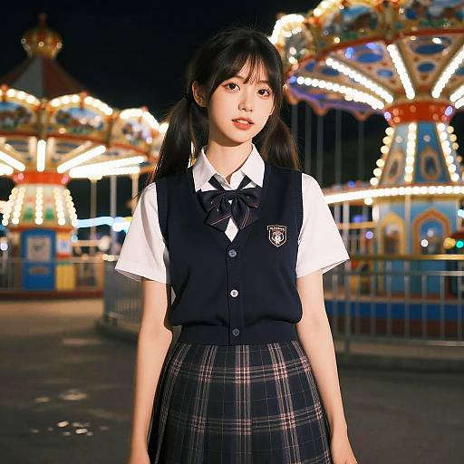 Photograph of an Asian woman with black pigtails, wearing a black vest, white shirt, and plaid skirt, standing in front of a