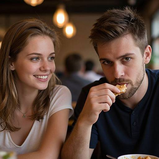 Photograph of a smiling Caucasian couple with brown hair and blue eyes, the man eating a bite of food in a dimly lit restaurant.