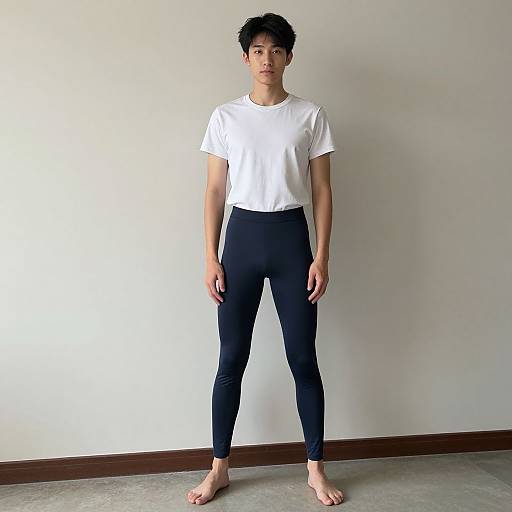 Photograph of an Asian man with short black hair, wearing a white t-shirt and black leggings, standing barefoot against a plain white wall.