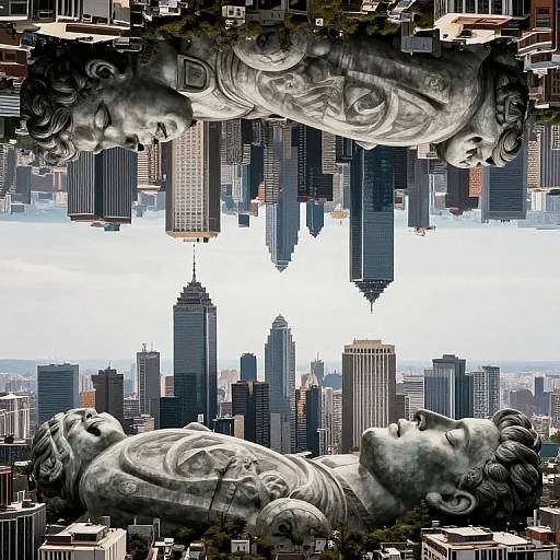 Photorealistic digital art: Two giant stone heads, one above and one below, gaze at a cityscape skyline with skyscrapers.