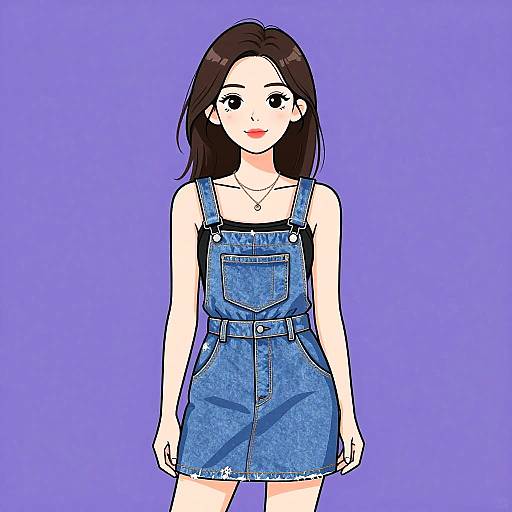 Digital anime-style drawing of a young woman with straight black hair, fair skin, wearing a blue denim dress over a black top, against a solid purple