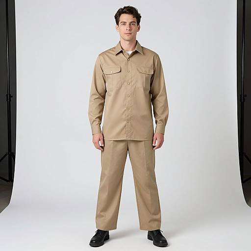 Photograph of a young man with short dark hair, wearing a tan military-style long-sleeve shirt and pants, standing against a white studio background