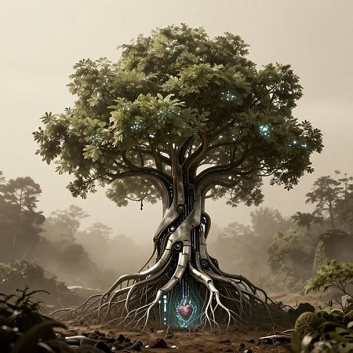 Mysterious, sci-fi tree with glowing blue orbs, intricate roots, and a glowing heart at its base, set in a foggy forest. Digital