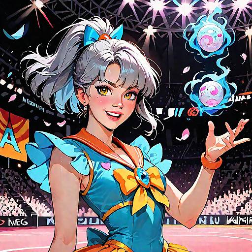 Digital anime-style drawing of a silver-haired, blue-eyed, smiling female magician in a blue, orange, and yellow outfit, conjuring glowing orbs on