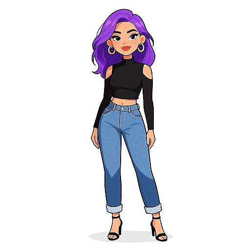 Digital illustration of a confident, purple-haired woman with fair skin, wearing a black crop top, high-waisted blue jeans, and black heels,