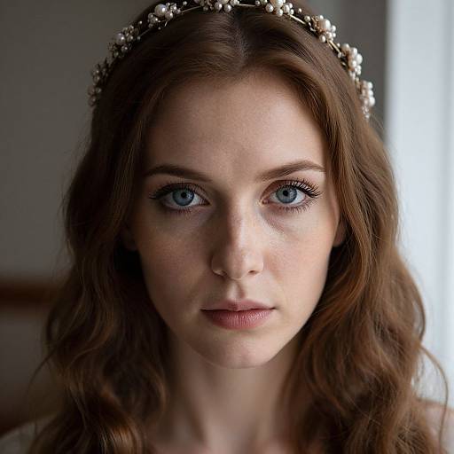 Close-up photograph of a young woman with fair skin, blue eyes, and wavy brown hair, wearing a pearl headband, looking directly at the