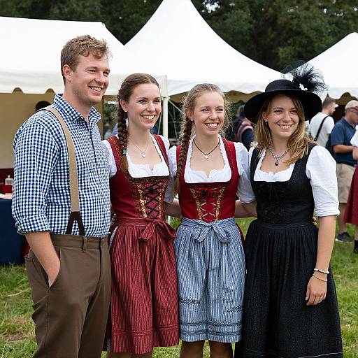 Photograph of four smiling young adults in traditional Bavarian attire at an outdoor festival, standing in front of white tents.