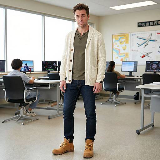 Photograph of a young man with short brown hair, wearing a cream cardigan, olive green shirt, dark jeans, and tan boots, standing in