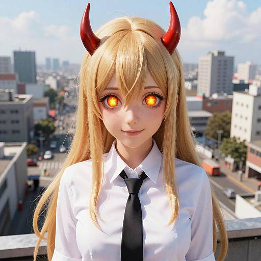 Anime Girl with Red Horns and Luminous Eyes on Rooftop