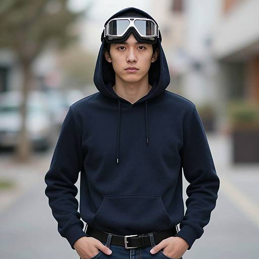 Photograph of a young Asian man in a black hoodie and goggles, standing on a blurred city street with hands in pockets.