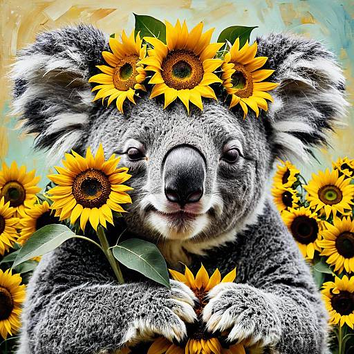 Sleepy Koala with Sunflower Crown