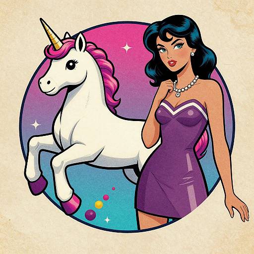 Colorful cartoon of a sexy woman with black hair in a purple dress standing beside a white unicorn with pink mane.