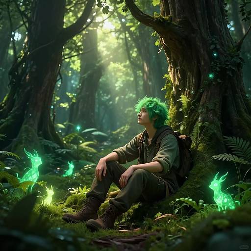 Photorealistic digital art: Green-haired, moss-covered forest dweller with backpack, brown boots, sitting, surrounded by glowing green fireflies, sunlight