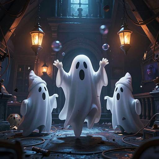 Digital illustration of three glowing, white ghost-like figures with black eyes and raised arms, floating in a dimly-lit, cobweb-filled hallway with