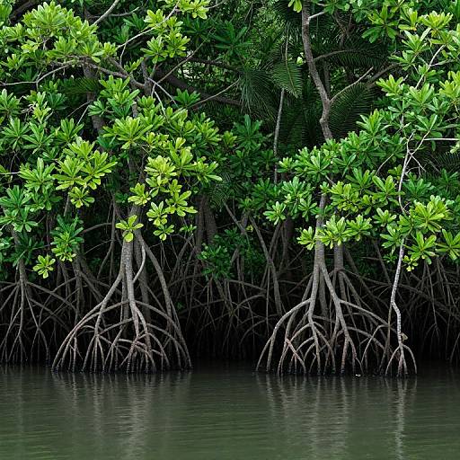 Photograph of dense mangrove forest with vivid green leaves, intricate exposed roots, and dark water reflecting the lush foliage.