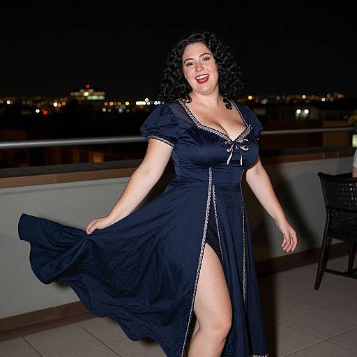 Photograph of a curvy woman with pale skin and curly black hair, smiling, wearing a black dress with a deep neckline and thigh-high slit,