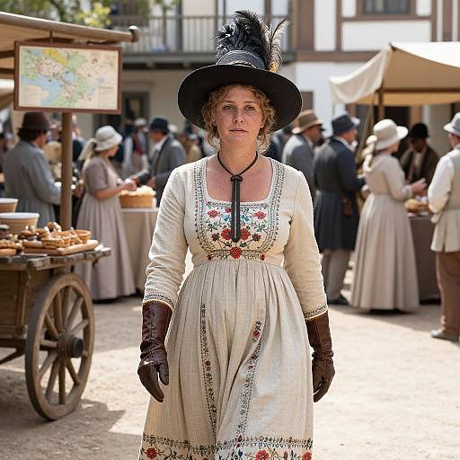 Photograph of a middle-aged white woman in a Victorian-style cream dress with embroidery, black hat with feathers, brown gloves, standing in a bustling outdoor