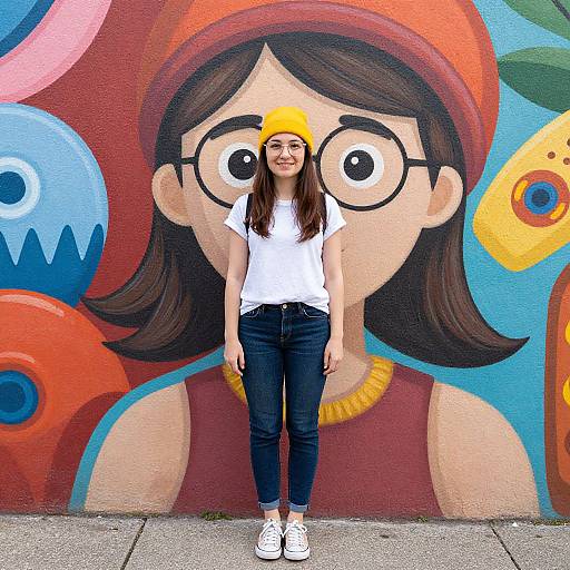 Photograph of a smiling young woman with long brown hair, wearing a yellow beanie, white t-shirt, dark jeans, and white sneakers, standing