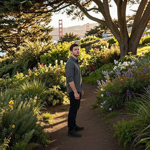 Photograph of a man in a gray shirt and black pants standing on a garden path surrounded by colorful flowers and trees, with sunlight filtering through the foliage