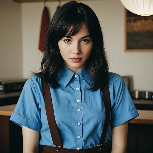 Young Woman in Blue Shirt with Suspenders Indoors