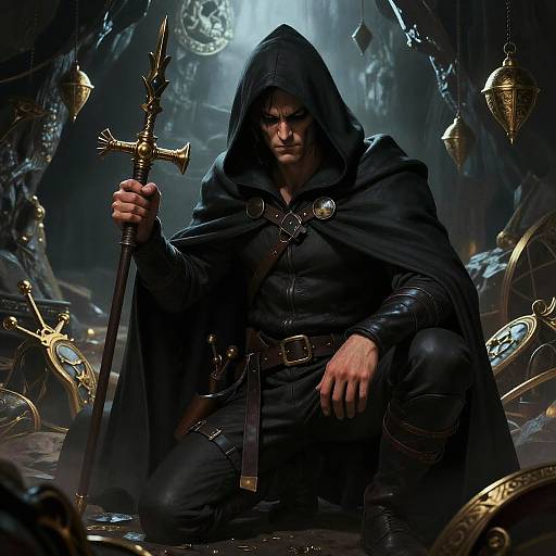 Hooded Thief in Ancient Treasure Cave
