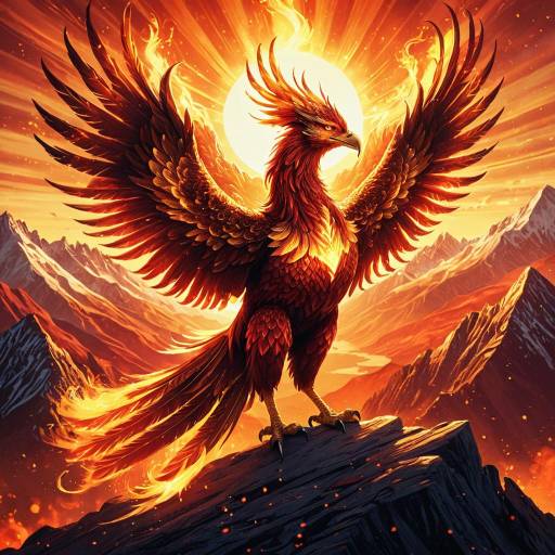 Fiery Phoenix on Mountain Peak at Sunrise