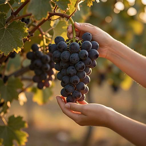 Photograph of a person's hands gently holding a large, dark purple grape cluster on a vine, with sunlight filtering through green leaves in the background.