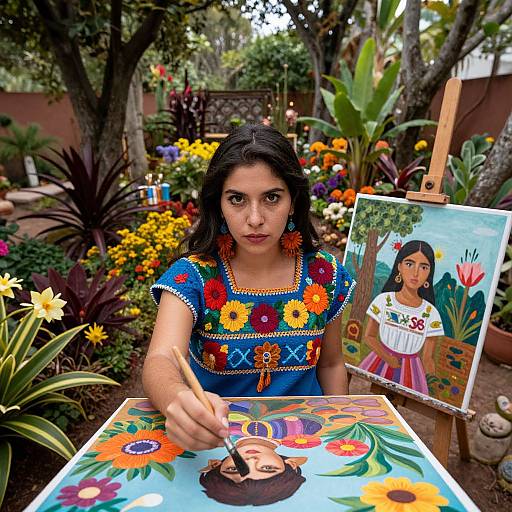 Photograph of a young woman with dark hair, wearing a colorful embroidered blouse, painting a floral portrait outdoors in a vibrant garden.