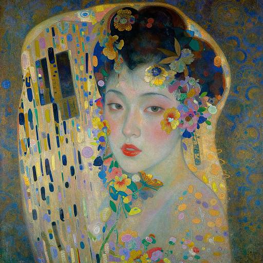 Digital painting of an ethereal woman with fair skin, red lips, and dark hair adorned with colorful flowers, set against a golden, abstract background.