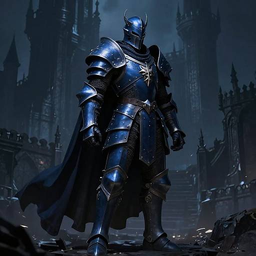 Digital art of a glowing blue-armored knight with a helmet, standing in a dark, misty, gothic castle courtyard.